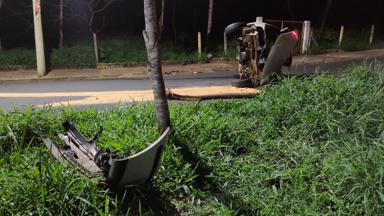 Foto 3 de 7 — Casal e criança ficam feridos após veículo colidir contra árvore em Araraquara; carro tombou